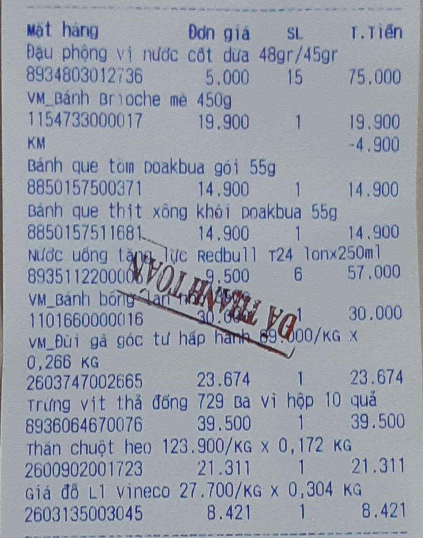 vietnamese receipt item list